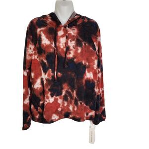 Madison + Hudson Womens Hoodie Large Pullover Tie Dye Red Ivory Retro Sweatshirt